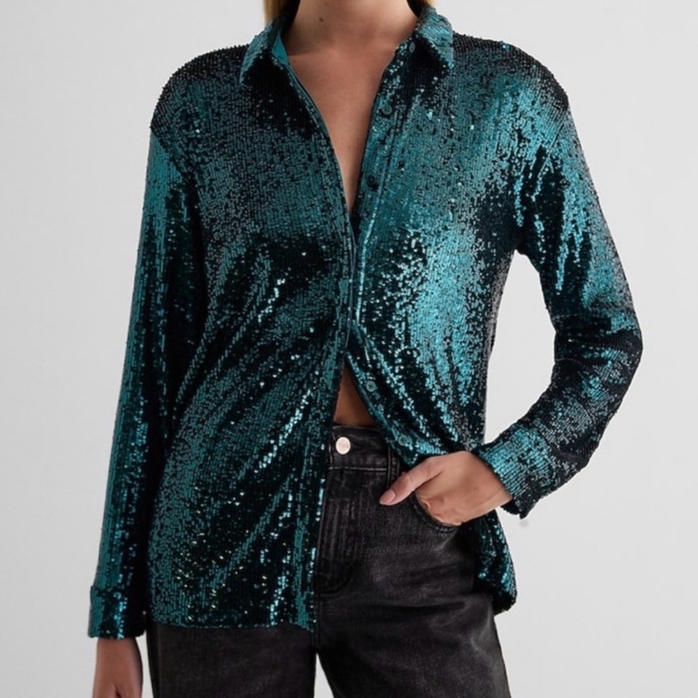 Express Deep Teal Relaxed Sequin Portofino Shirt